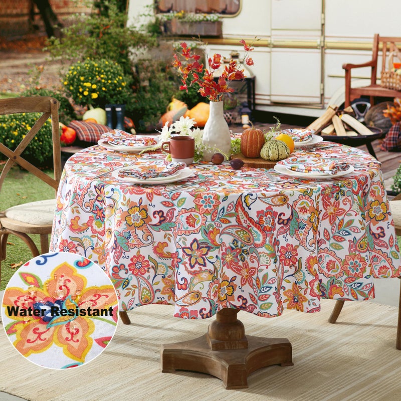 Newbridge Round Fabric Tablecloth, Bohemian Coral Paisley, 70 Inch, Stain and Water Resistant Heavy Weight Summer Table Cover, Boho Chic Multicolor Floral - Image 4